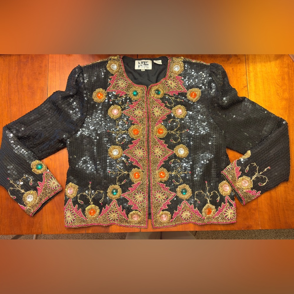 Vintage 1980s Silk Beaded Bolero Jacket Blazer Multicolor Rhinestones Sequin Med